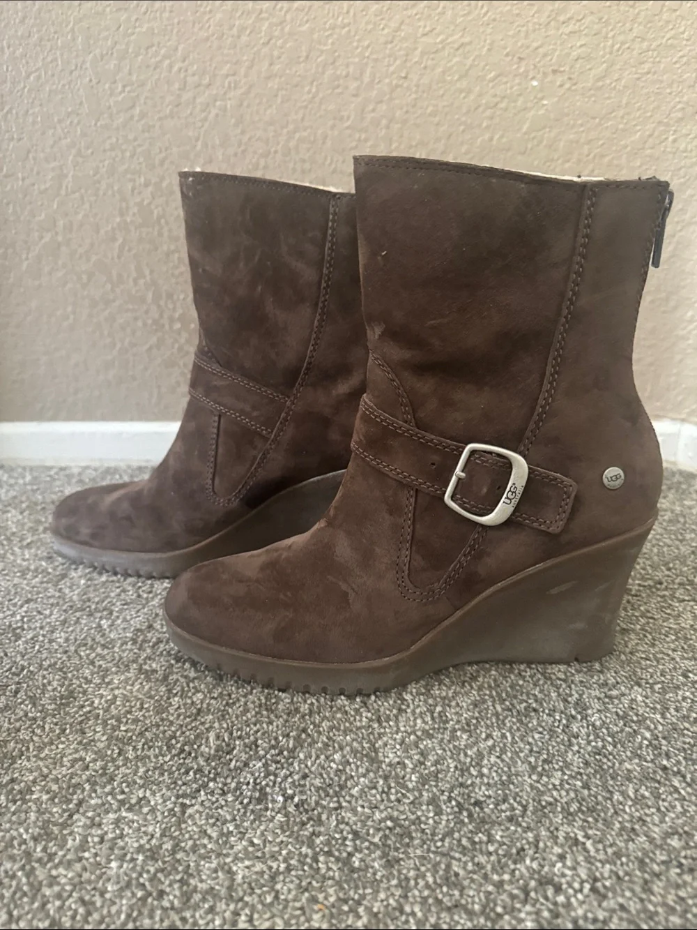 UGG Chestnut Suede Wedge Bootie with Buckle Detail Size 8